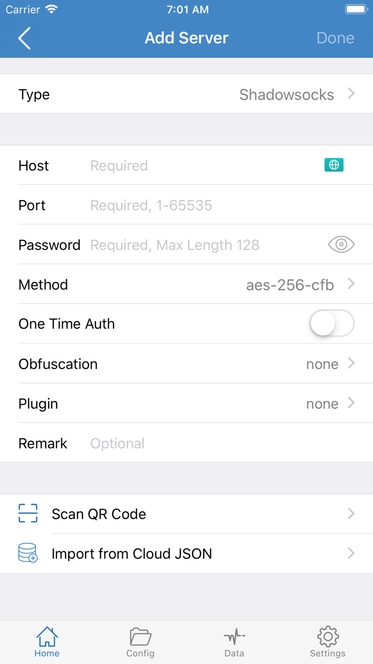 Official Shadowrocket Add Server screen showing Type, Host, Port, Password, Method, and import options at the bottom
