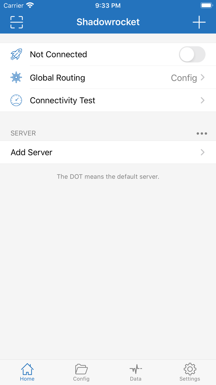 Official Shadowrocket Home screen showing the Not Connected switch, Global Routing, and Connectivity Test at the top, with the SERVER group and Add Server below